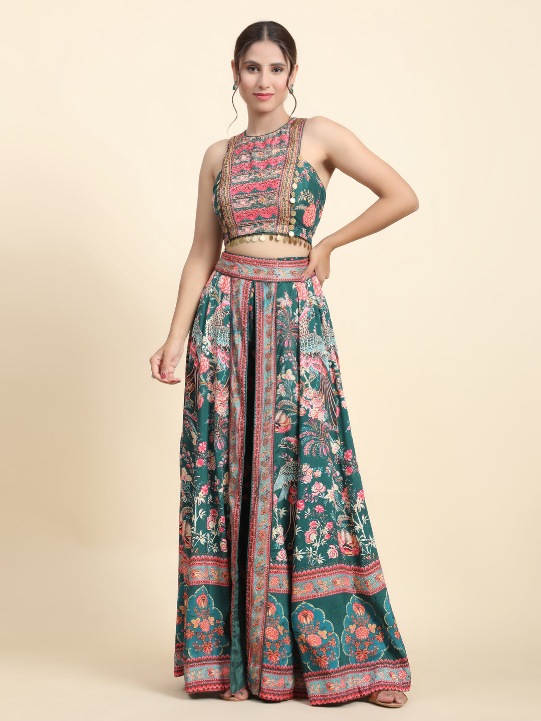 GREEN PRINTED TRENDY SKIRT PALLAZO AND CROP TOP - RENT