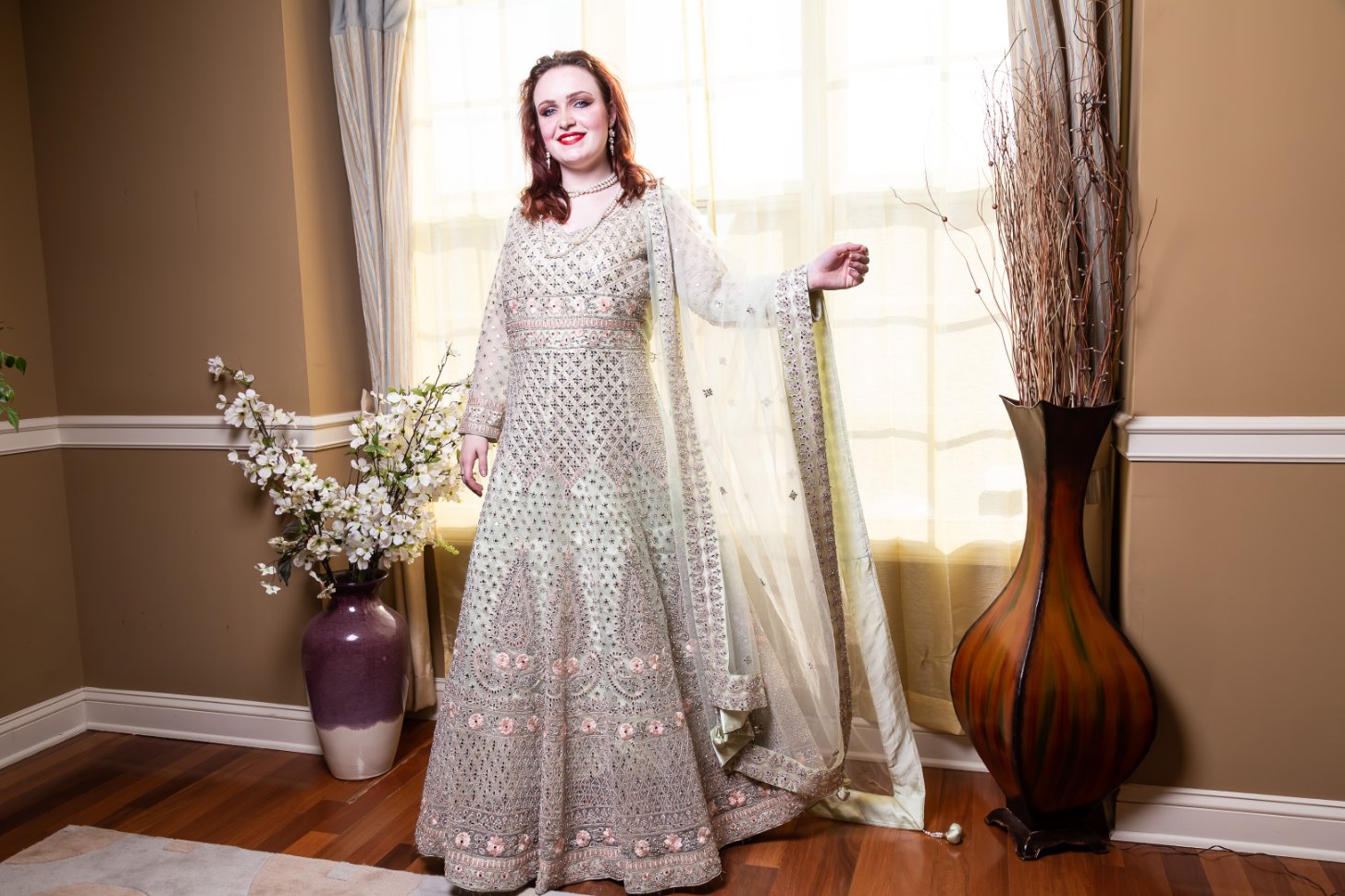 Pista Green Heavy Motif and swarovski work Anarkali with tail- Rent