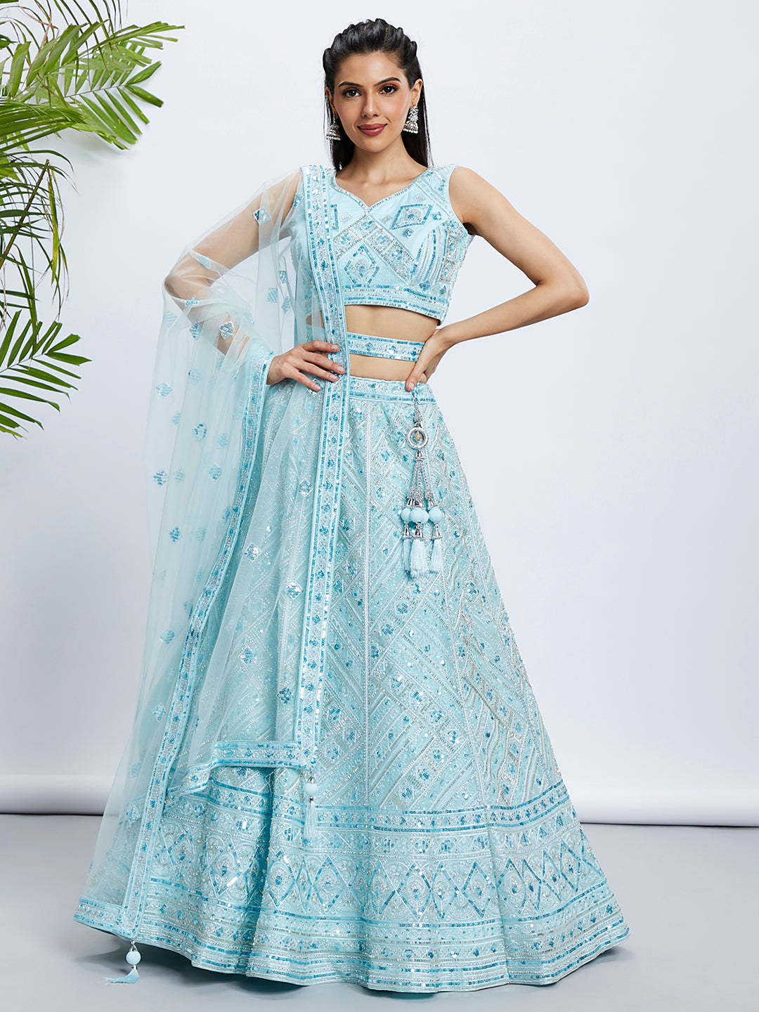 Turquoise Blue Net Cutdana, Sequins And Zarkan Embroidery Dupatta - Rent