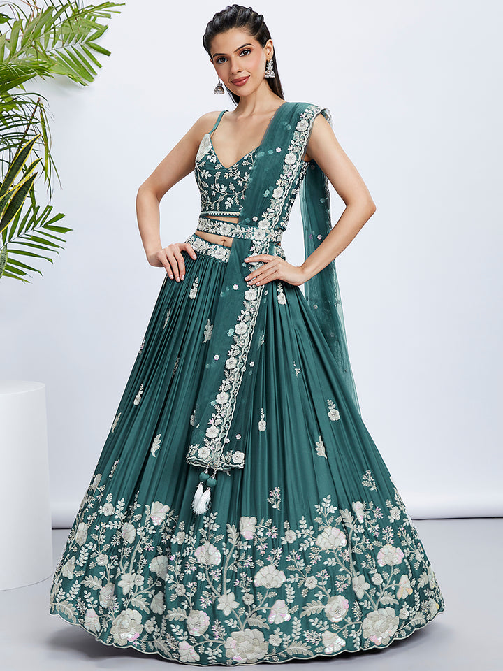 Turquoise Blue Pure Georgette Sequins And Thread Embroidery Lehenga Choli & Dupatta - Rent