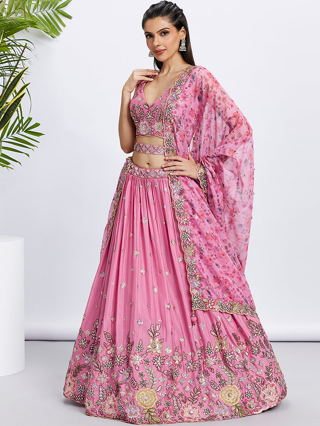 Pink Chiffon Sequins And Thread Embroidery Lehenga Choli & Printed Dupatta - Rent