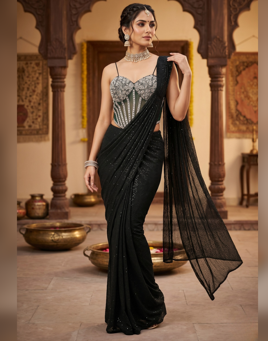 saree corset dress Black Corset Draped Saree Set Basanti Kapde aur Koffee