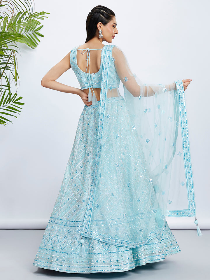 Turquoise Blue Net Cutdana, Sequins And Zarkan Embroidery Dupatta - Rent