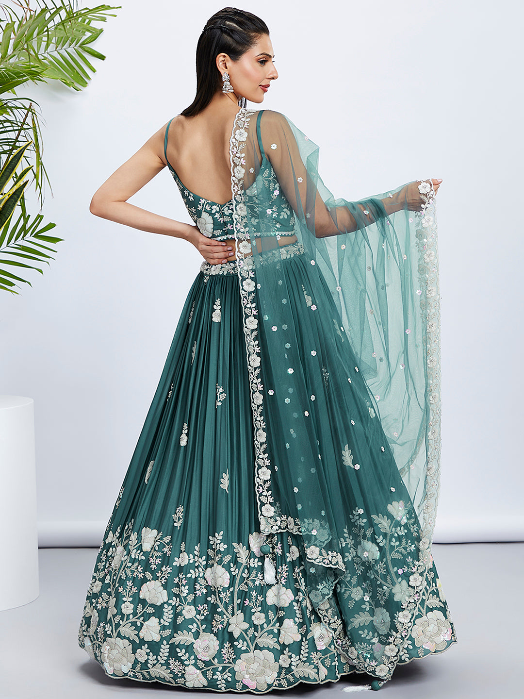 Turquoise Blue Pure Georgette Sequins And Thread Embroidery Lehenga Choli & Dupatta - Rent