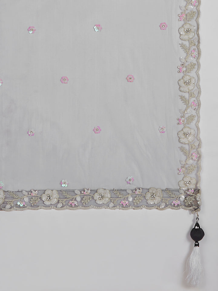 Grey Pure Georgette Sequins And Thread Embroidery Lehenga Choli & Dupatta - Rent