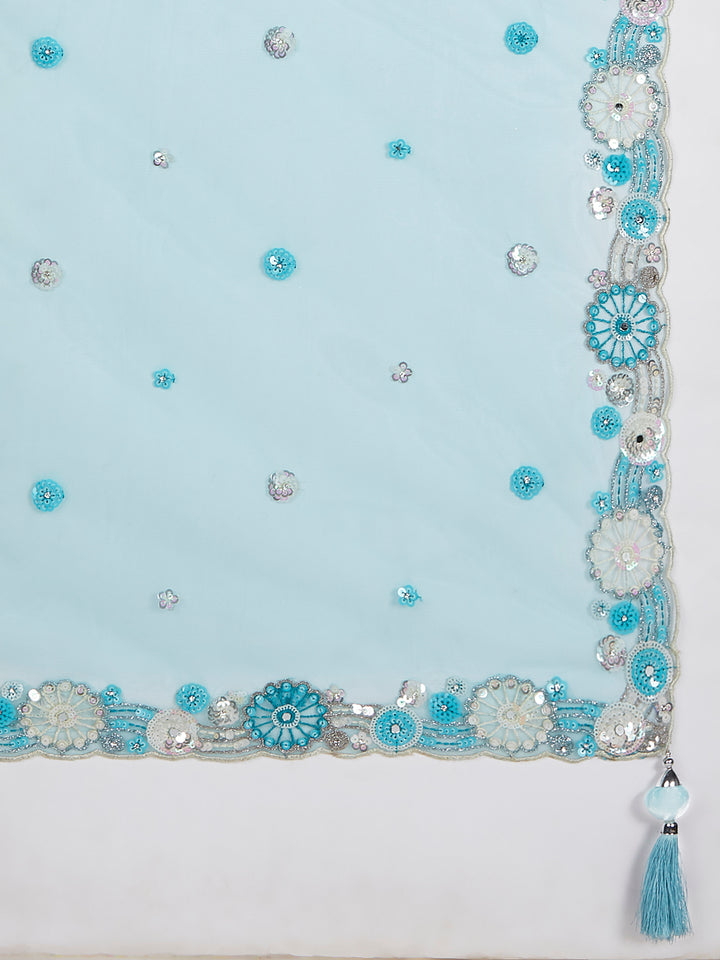 Sky blue Organza Sequins, Zarkan And Thread Embroidery Lehenga Choli & Dupatta - Rent