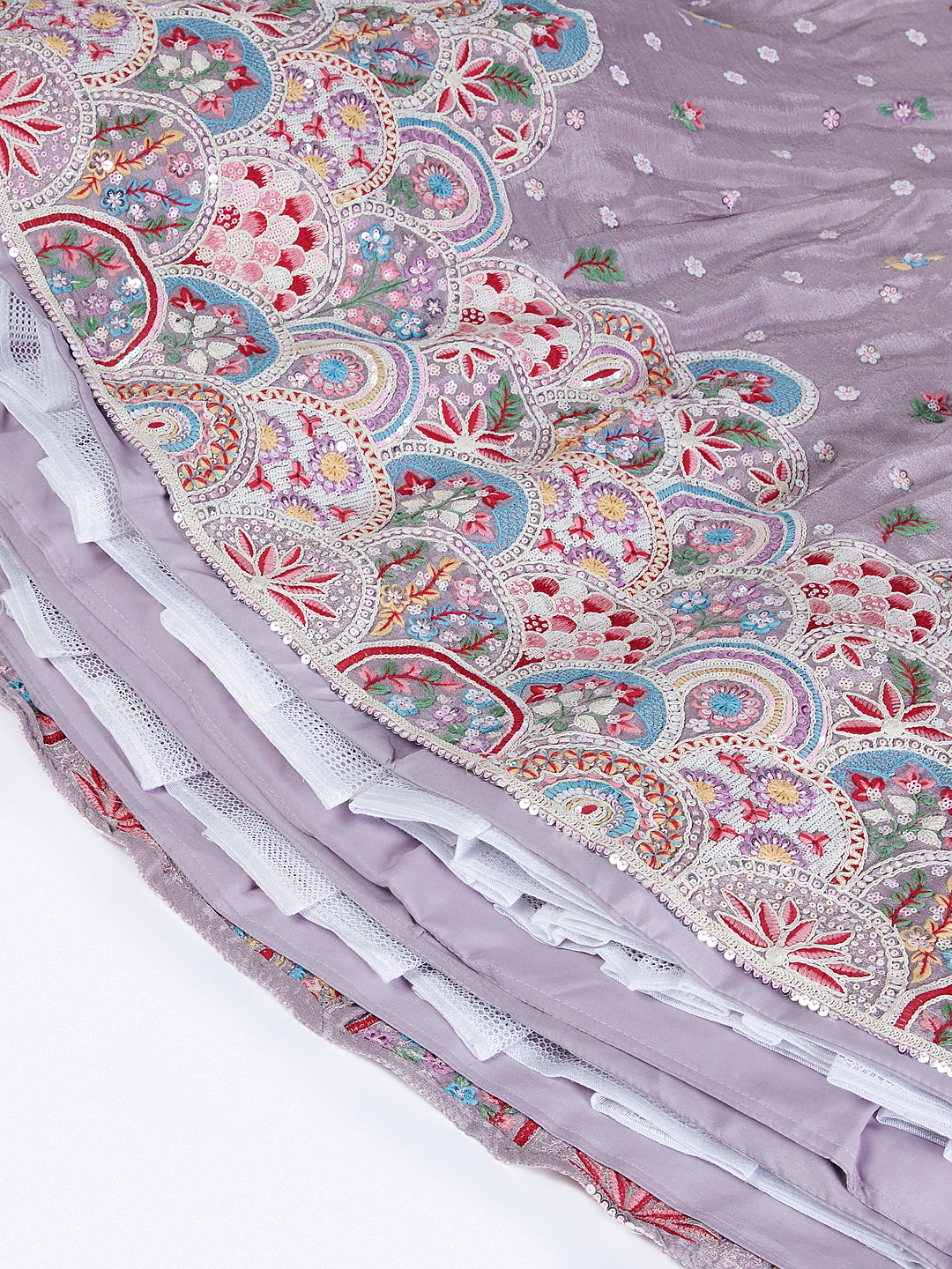 Mauve Pure Chiffon Sequins And Thread Embroidery  Lehenga Choli & Dupatta - Rent