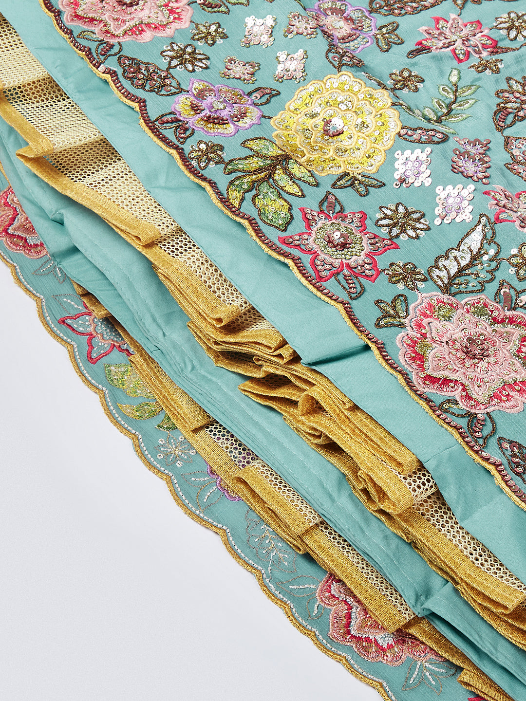 Turquoise Blue Chiffon Sequins And Thread Embroidery Lehenga Choli & Printed Dupatta - Rent