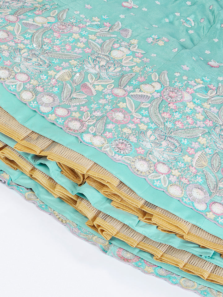 Seagreen Chiffon Sequins And Thread Embroidery Lehenga Choli & Dupatta - Rent