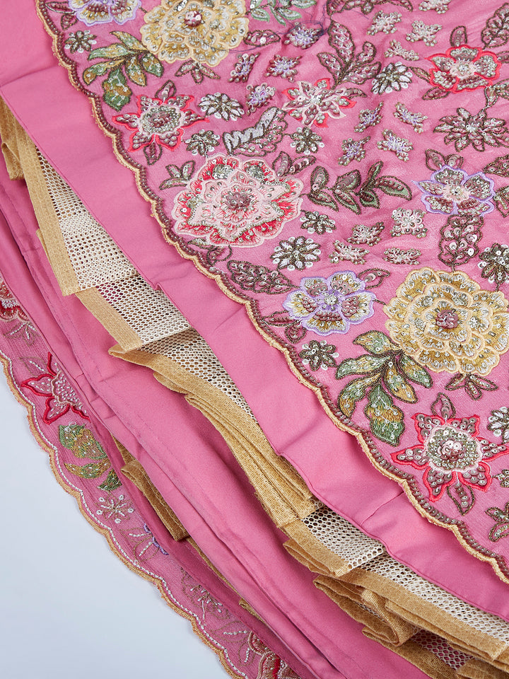 Pink Chiffon Sequins And Thread Embroidery Lehenga Choli & Printed Dupatta - Rent