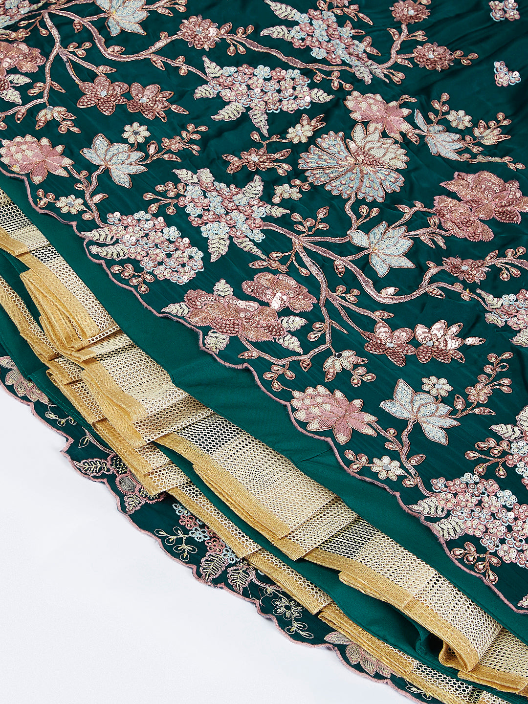 Green Pure Georgette Sequins And Thread Embroidery Lehenga Choli & Dupatta - Rent