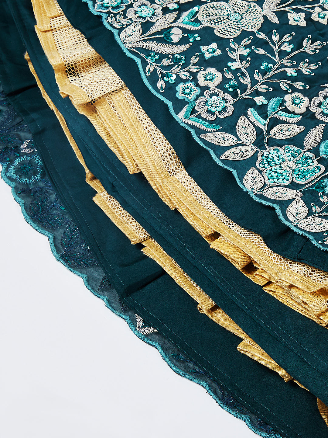 Teal Pure Georgette Sequins And Thread Embroidery Lehenga Choli & Dupatta - Rent