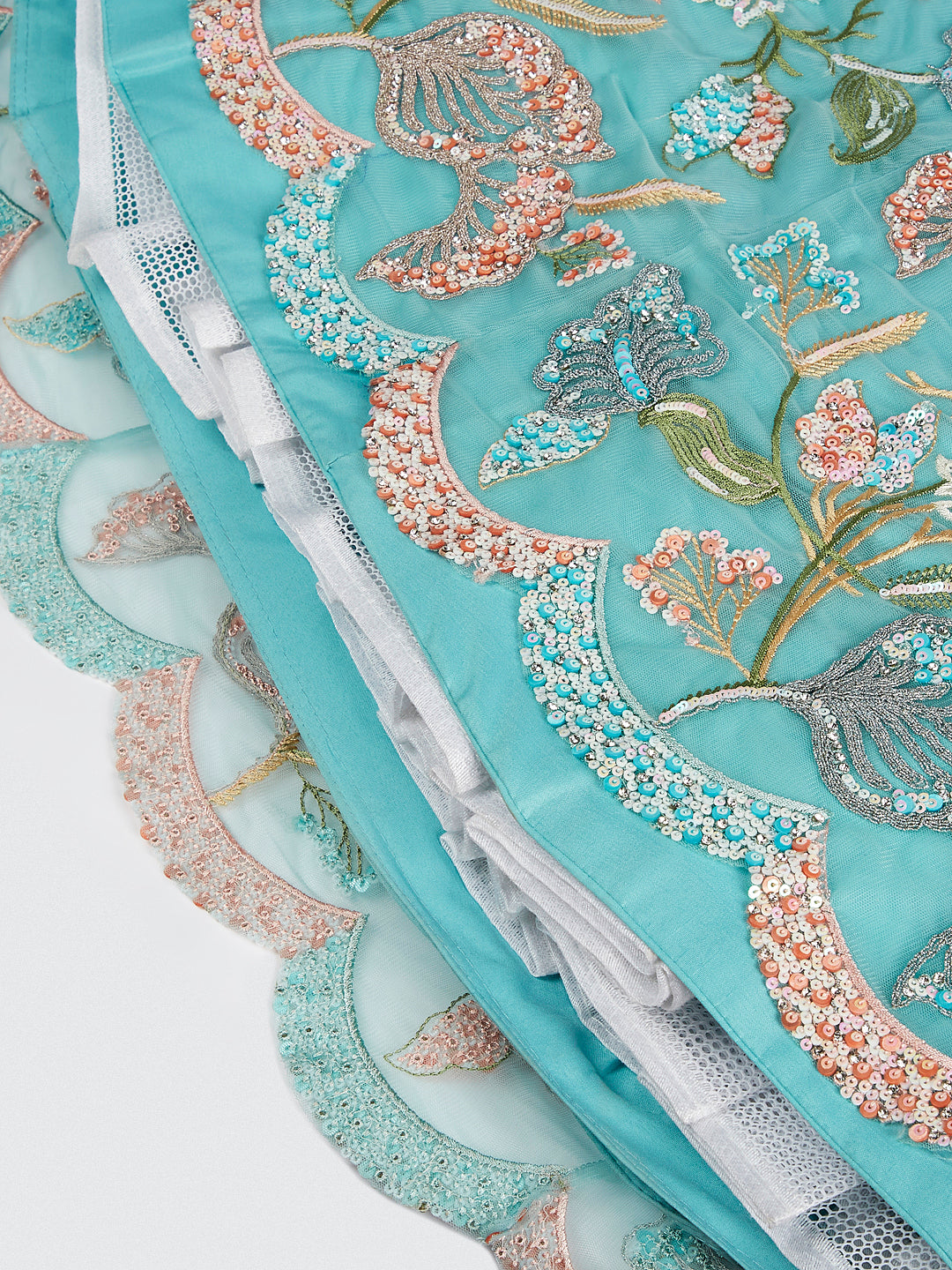 Turquoise Blue Net Sequins And Thread Embroidery Lehenga Choli & Dupatta - Rent