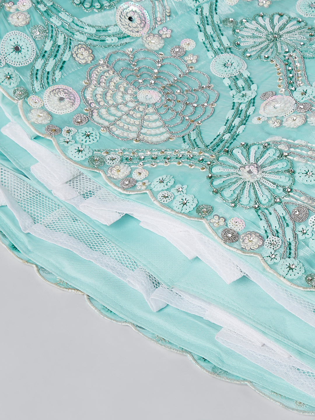 Turquoise blue Organza Sequins, Zarkan And Thread Embroidery Lehenga Choli & Dupatta - Rent