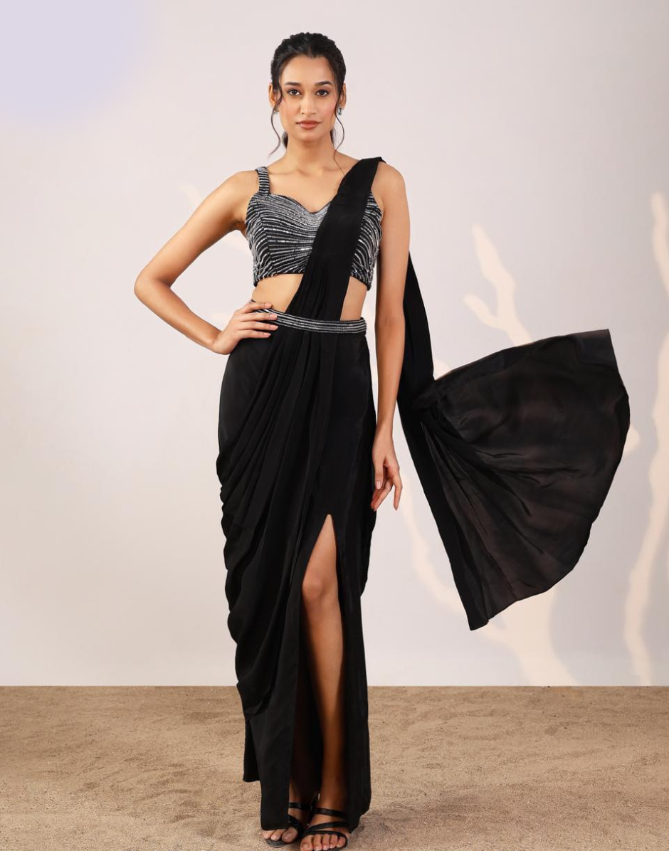 sequin dress saree Crystal Grey Sequin Scattered Pre Draped Saree Set