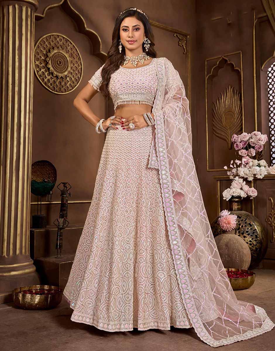Baby Pink Net Zarkan Embroidery Lehenga Choli Dupatta