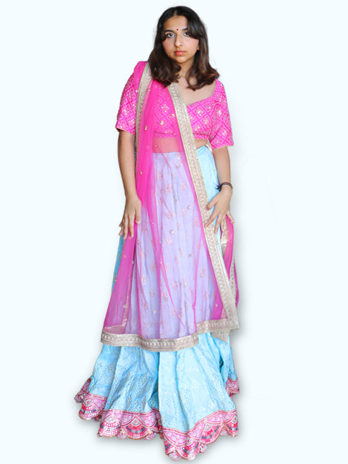 Beautiful Sky Blue And Pink Lehenga Choli Is A Perfect Combination Of
