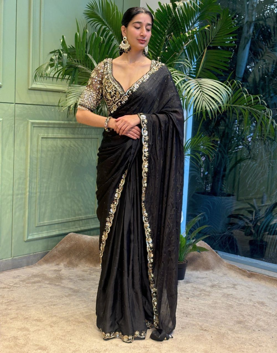 Black Sequin Embroidered Blouse with Lace Border Latkan Lace Detaili