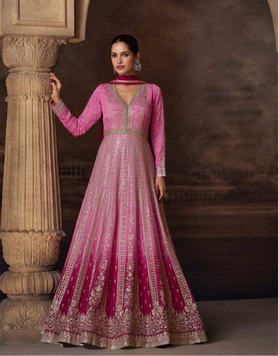 Blush Beauty Pink Chinon Silk Real Georgette Heavy Embroidered Dress
