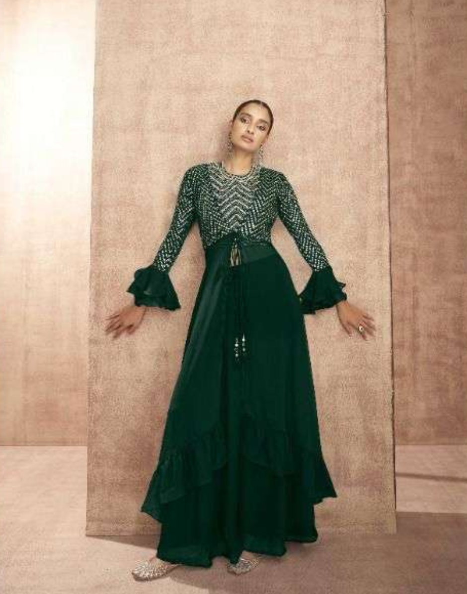 Chic Green Ethnic Jacket Set with Sequin Embroidery Wedding Party We