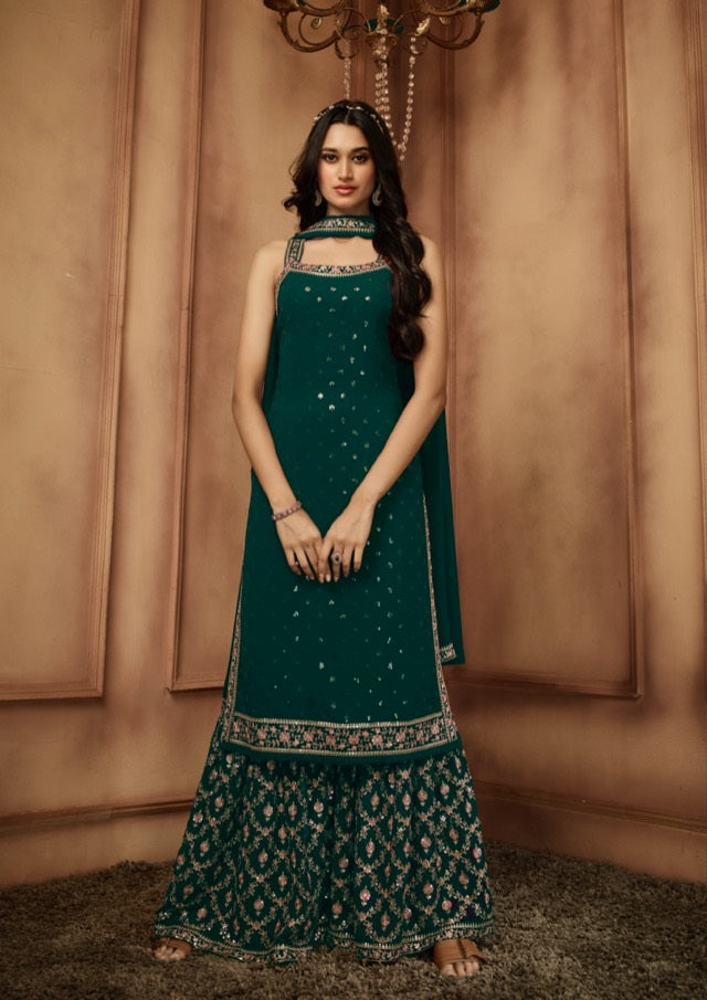 glamourental Classy Green Heavy Embroidered and Sequins Work Sharara Set - Rent 5 Days / L / Dark Green glamourental Classy Green Heavy Embroidered and Sequins Work Sharara Set - Rent 5 Days / L / Dark Green