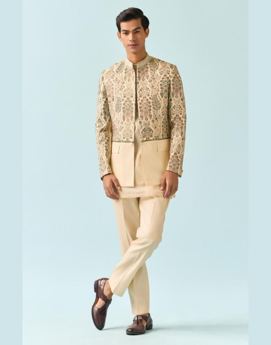 Cream Floral Hand Painted Jacket Set for Men Elegant, Artistic Style for a Sophisticated Look Cream / XS / 15 Days