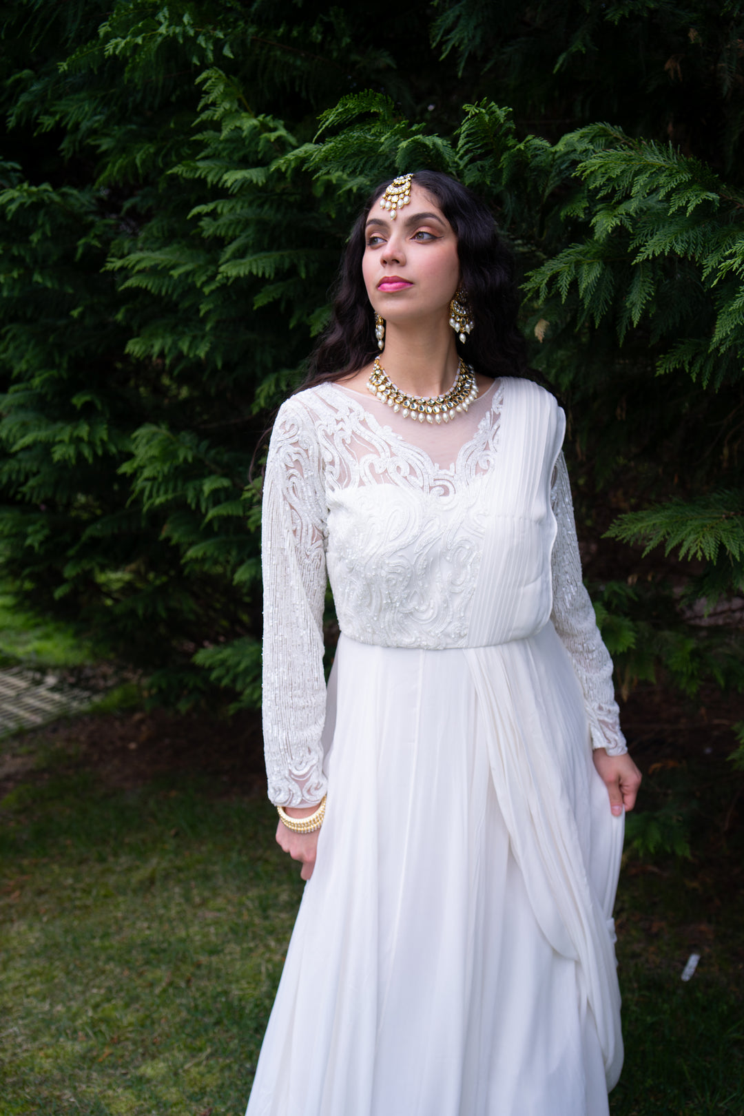 Elegant White Pure Georgette Drape Anarkali Dress - Rent