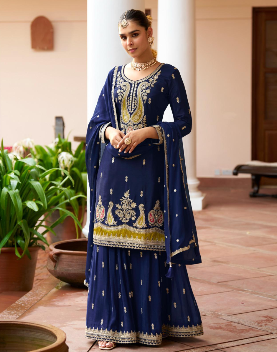 Dark Blue Chinon Sharara Suit for Women Traditional Hand Embroidery Wedding & Party Wear Dress - Buy Blue / M Dark Blue Chinon Sharara Suit for Women Traditional Hand Embroidery Wedding & Party Wear Dress - Buy Blue / M