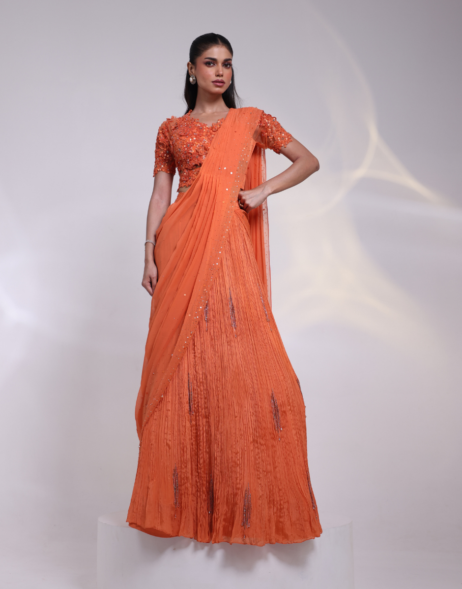 Designer Orange Two-Piece Saree Gown Featuring Heavily Embroidered Blouse & Pleated Drape Orange / M / 15 Days