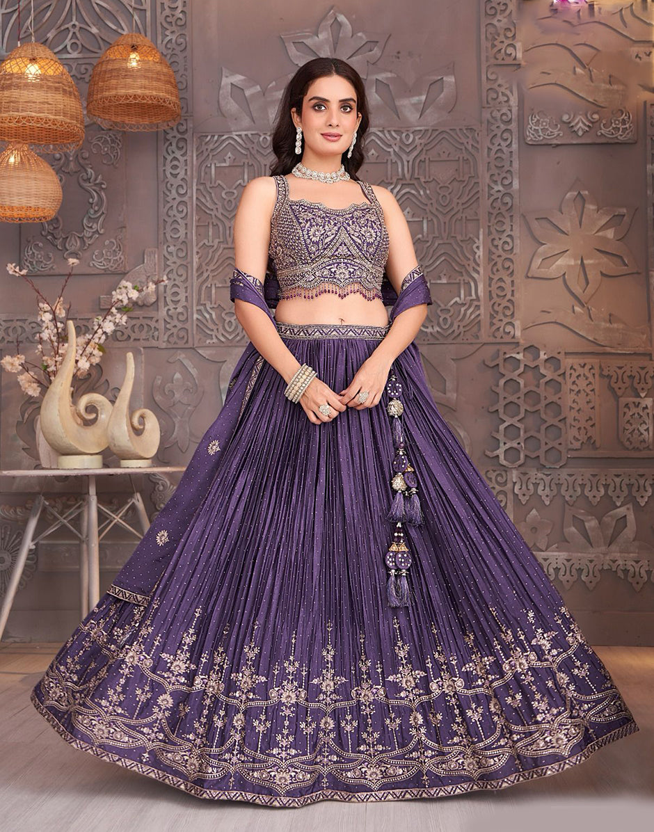 Glam Purple Lehenga Set with Tassels, Sequined Blouse & Flowing Dupatta Purple / M / 3 Days