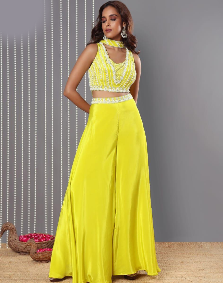 Sunshine Glow Yellow Multi Coloured Thread Embroidered Top, Palazzo & Dupatta