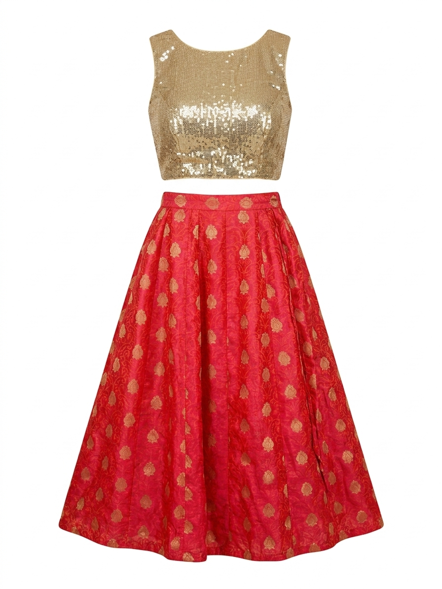 Gold Sequin Blouse with Red Banarasi Flared Lehenga Set XXS / Red / 15 Days Gold Sequin Blouse with Red Banarasi Flared Lehenga Set XXS / Red / 15 Days