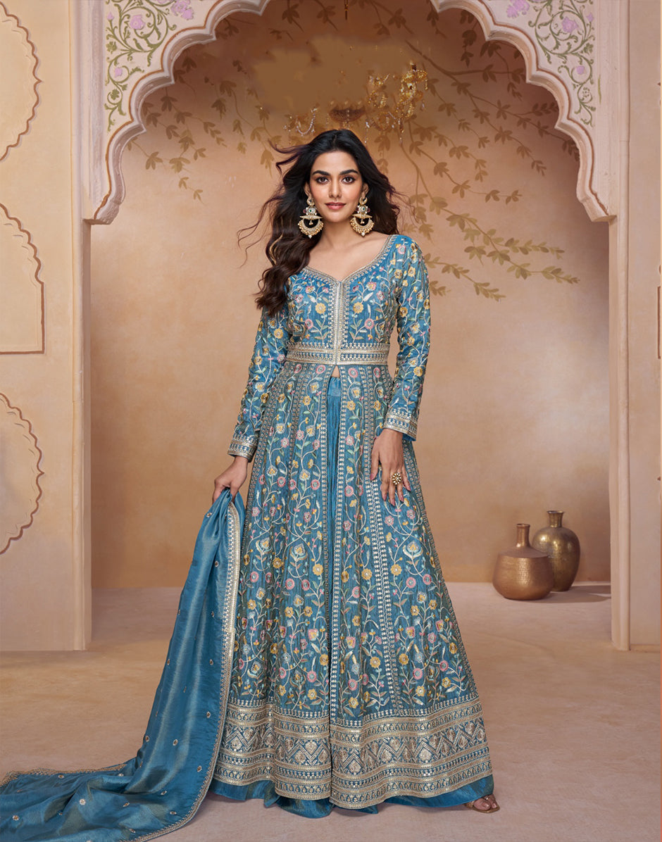 Graceful Sky Blue Silk Embroidered Suit Set with Dupatta Traditional Women's Wear Sky Blue / L / 10 Days