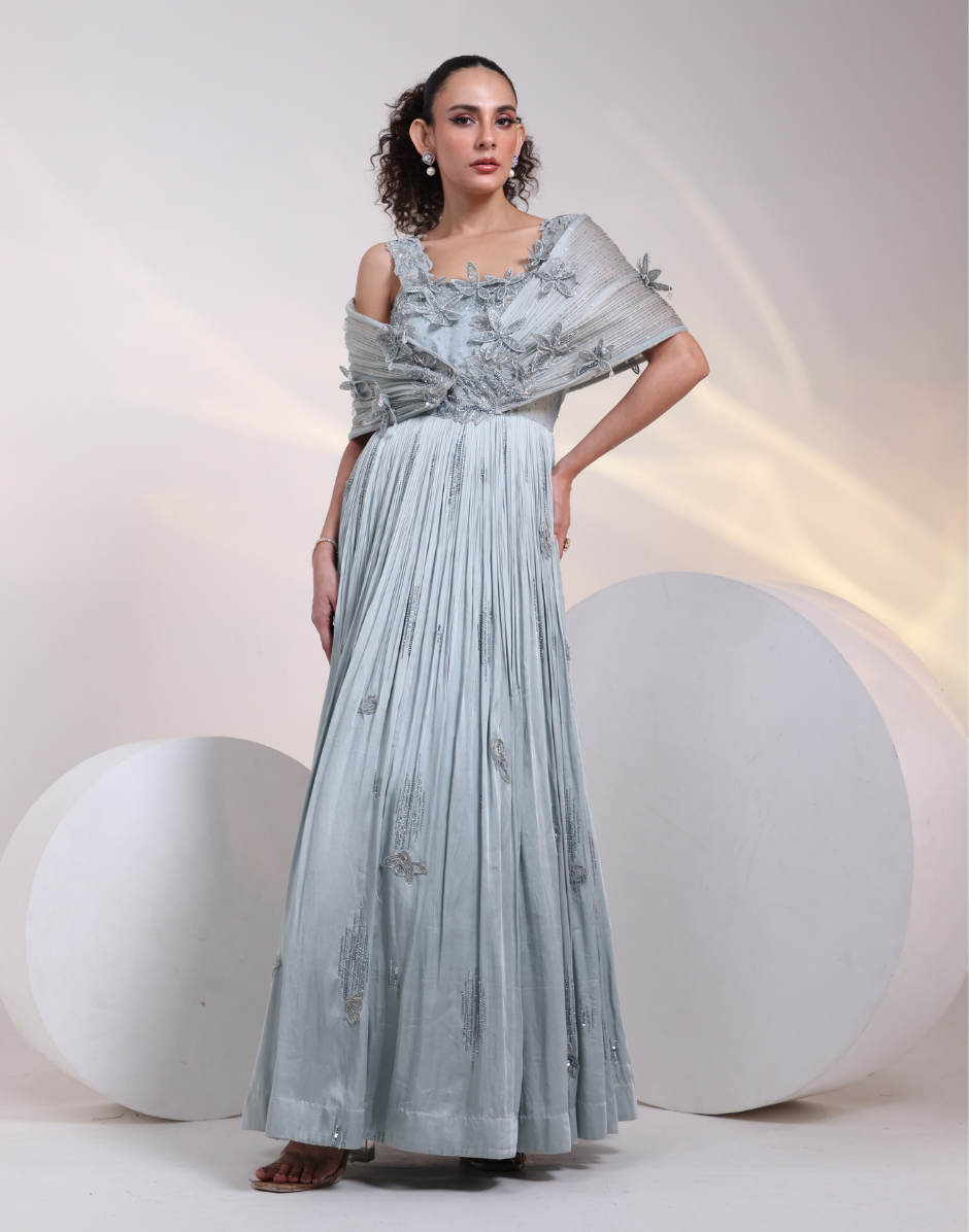 green emerald velvet dress Valentina Black Floral Embroidered Maxi Dress with Pleated Cape – Frock and  Frill main image 1