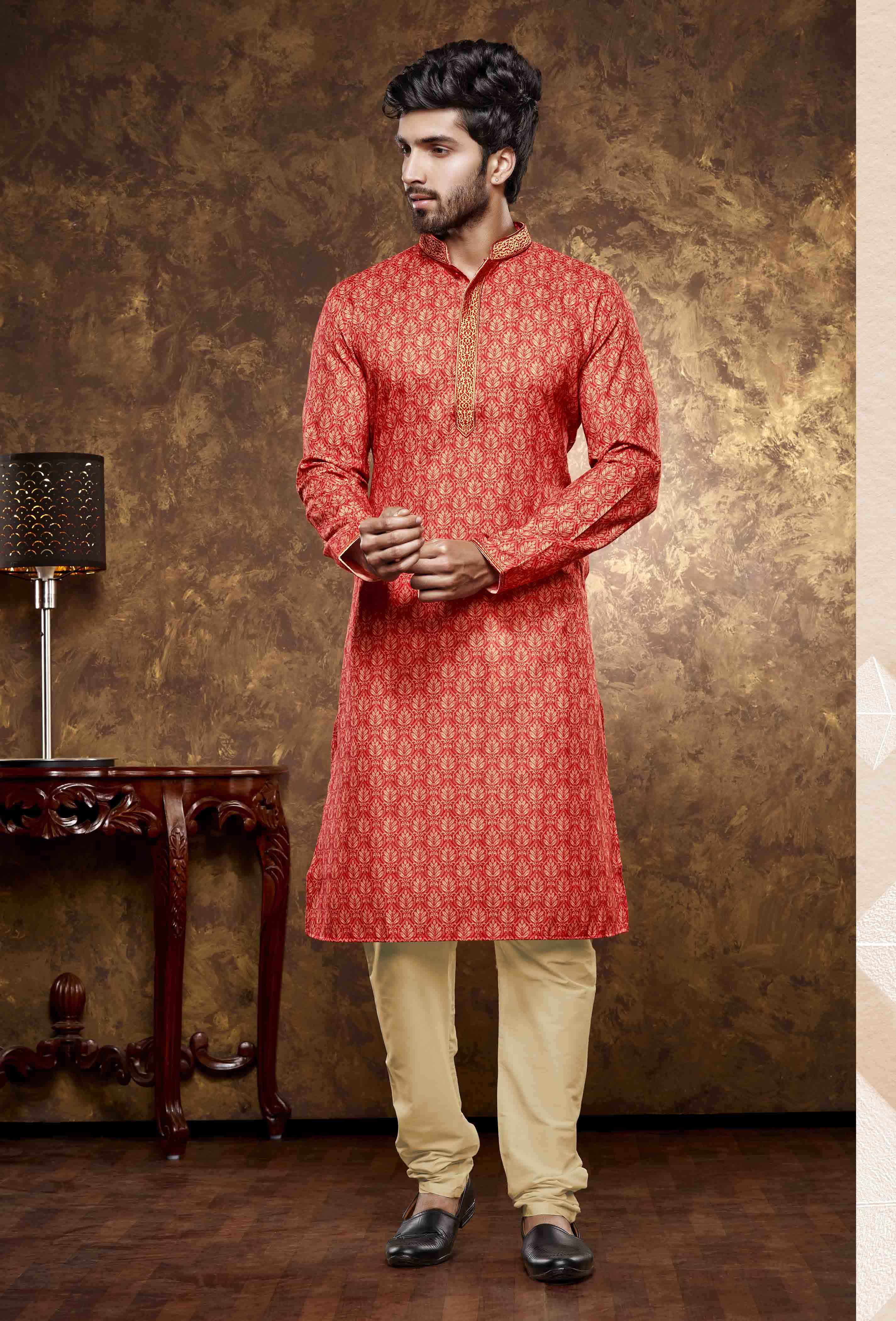Men Red Digital Print Poly Cotton Kurta Pyjama