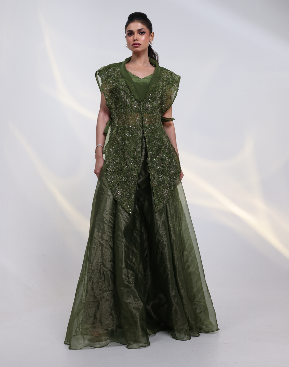 Olive Green Layered Set with Bustier, Sheer Embroidered Overlay Jacket with Sharara Pants Olive / XL / 15 Days Olive Green Layered Set with Bustier, Sheer Embroidered Overlay Jacket with Sharara Pants Olive / XL / 15 Days