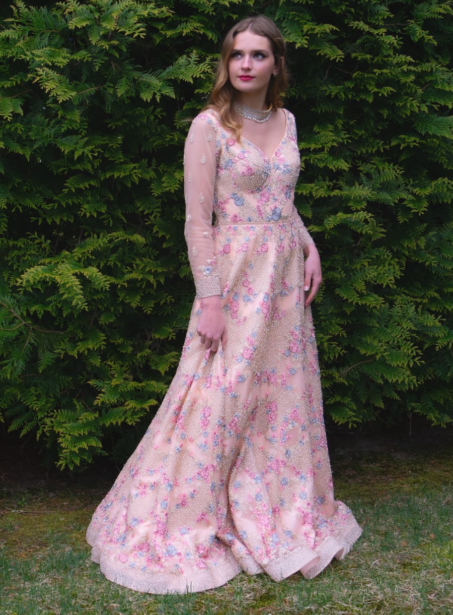 Peach Gown with Full Embroidery On Net Fabric