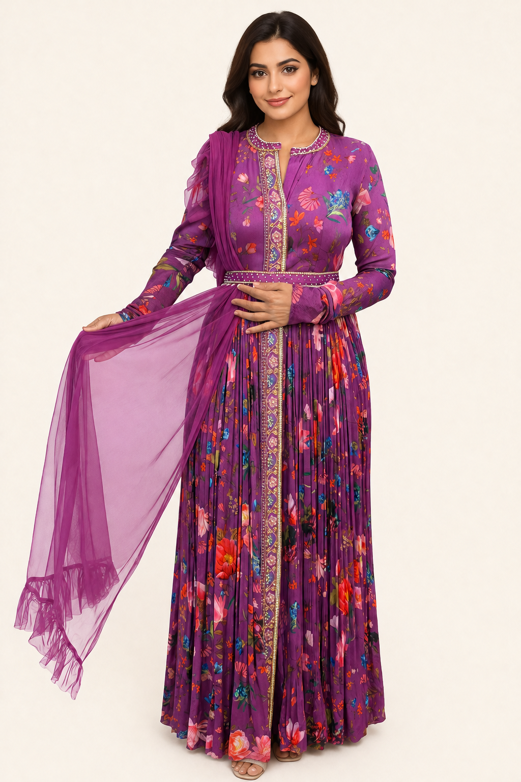 Purple Floral Anarkali for Wedding Guest
