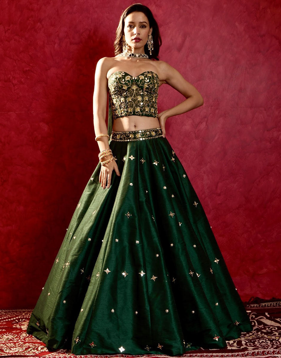 Regal Charm Emerald Green Silk Hand-Embroidered Corset with Lehenga and Georgette Choker Dupatta Dark Green / XS / 10 Days Regal Charm Emerald Green Silk Hand-Embroidered Corset with Lehenga and Georgette Choker Dupatta Dark Green / XS / 10 Days