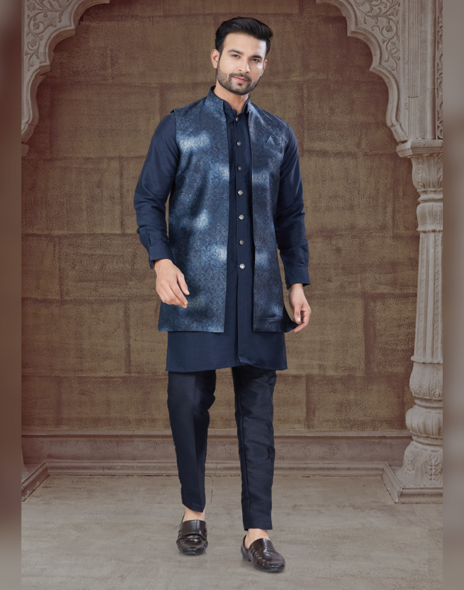 Regal Navy Jacquard Jacket with Front-Open Silk Kurta Pajama Premium Tone-on-Tone Men’s Traditional Set main image 0