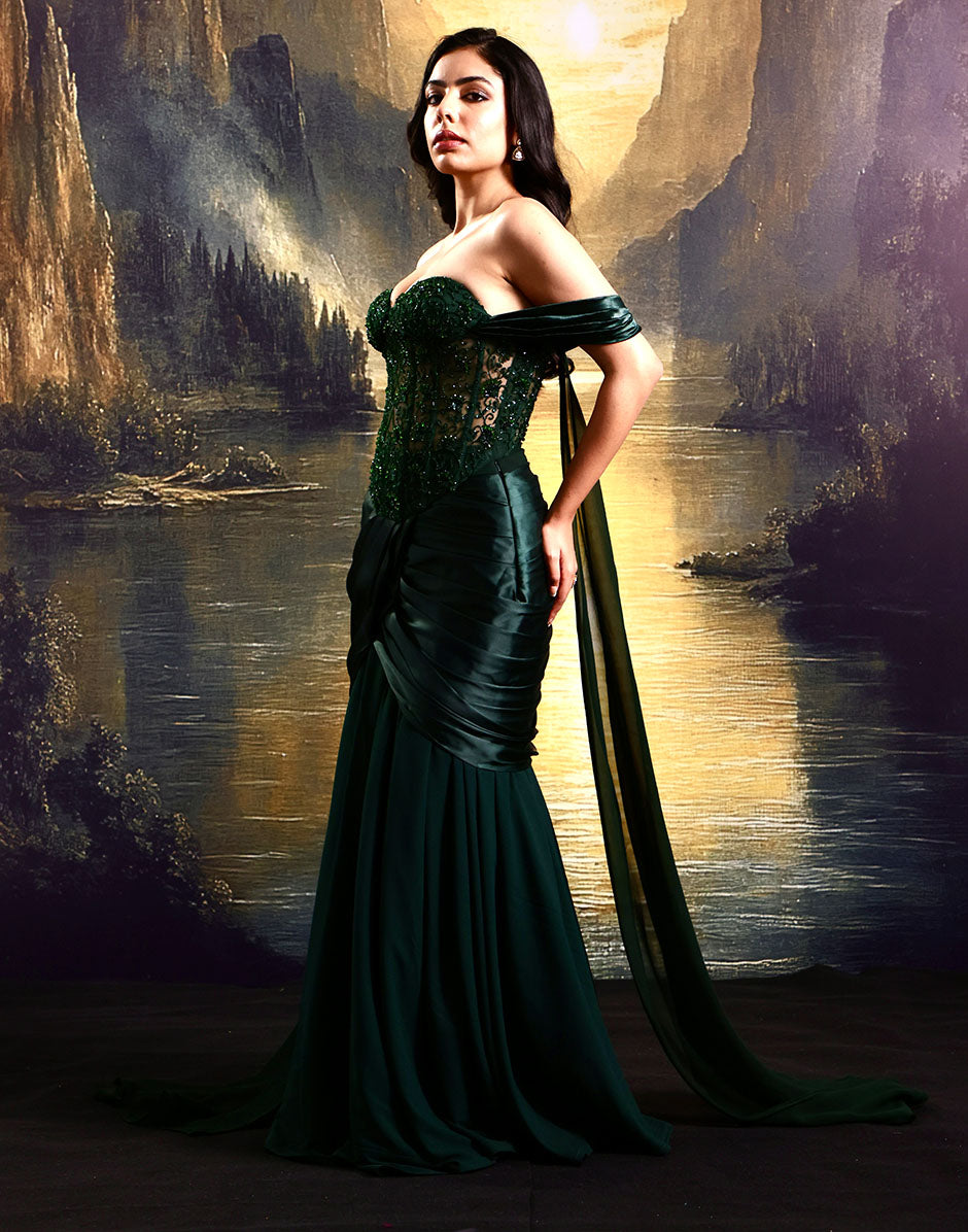 Striking Elegance Emerald Green Hand-Embellished Corset with Pleated Fish Tail Skirt Dark Green / S / 10 Days