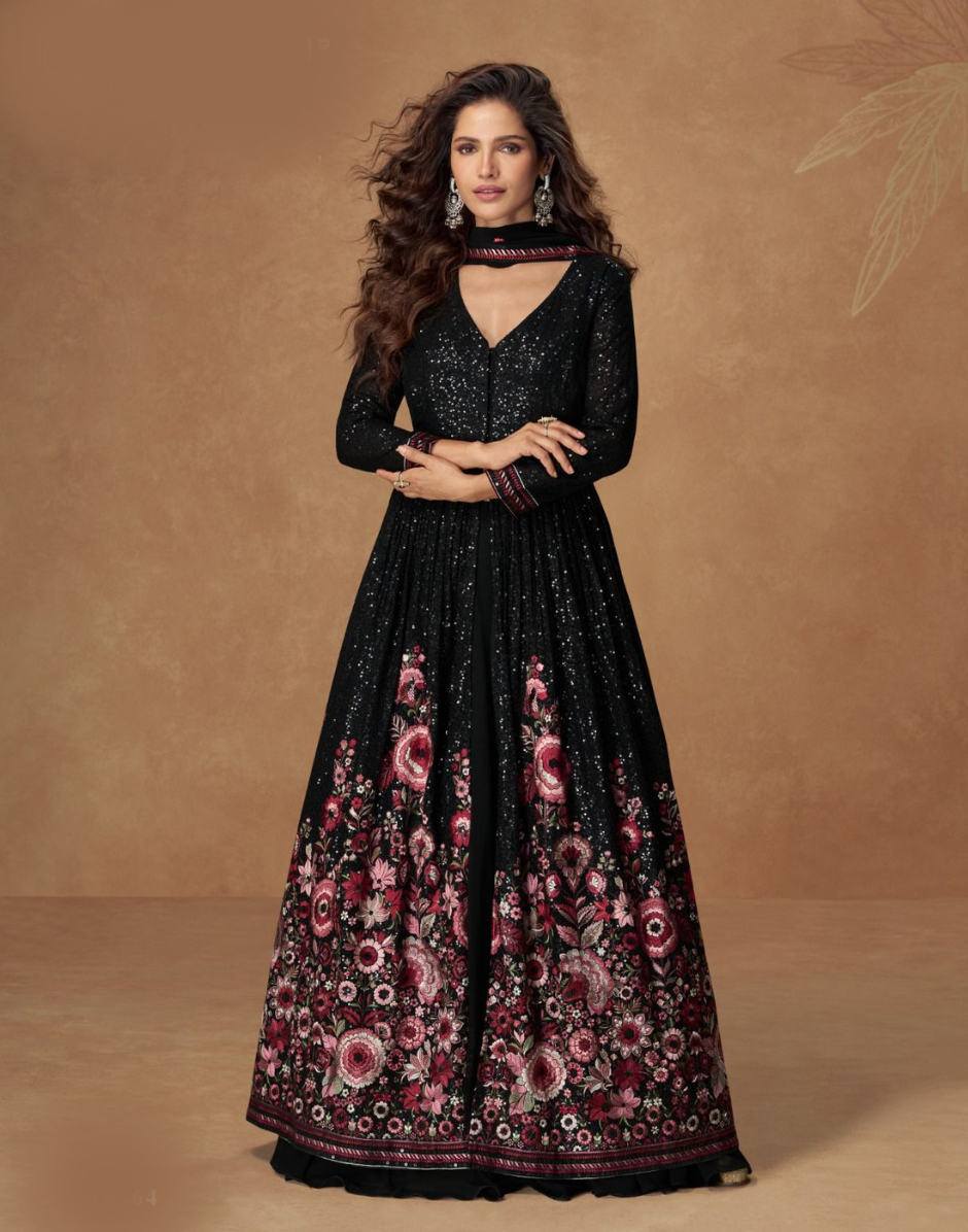 Stylish Black Georgette Anarkali with Sequins & Dupatta Black / M / 3 Days