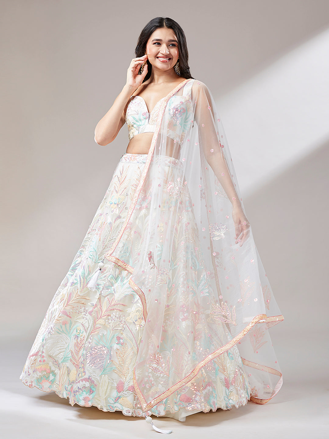 Stylish Designer Cream and Pastel Silk Lehenga Set - Rent 3 Days / XL / Cream, image size:1080x1440