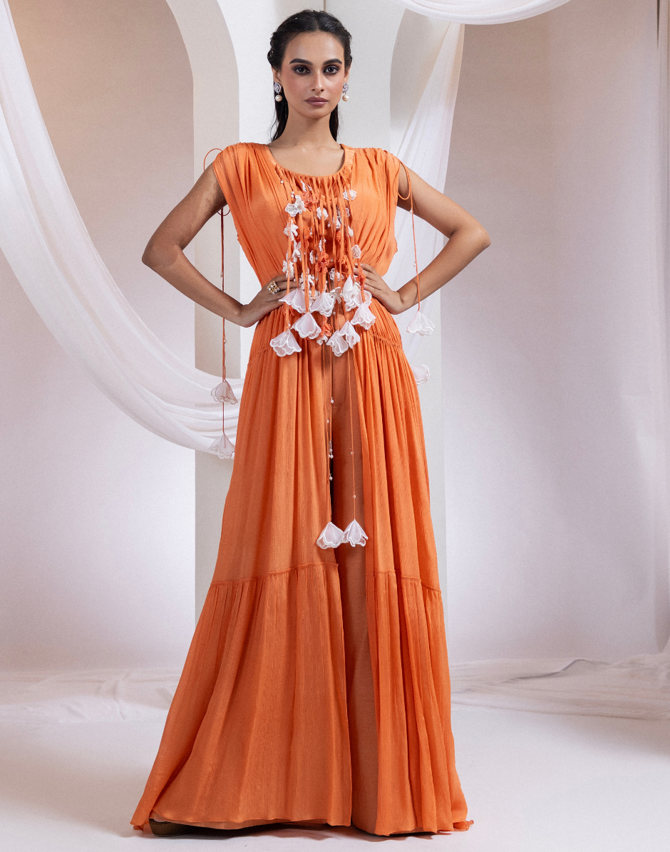 Sunlit Bloom Tangerine Three-Piece Set with 3D Floral Bustier & Flowy Chinon Overlay Orange / L / 10 Days
