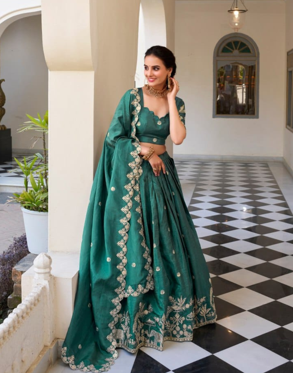 Teal Semistitched Lehenga with Embroidered Blouse and Net Dupatta