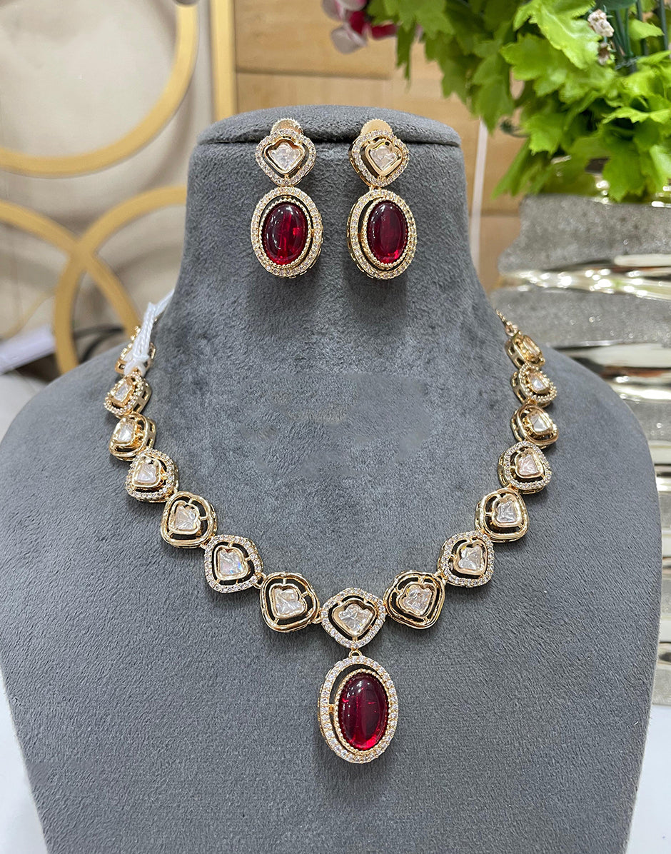 Traditional Red Kundan Jewelry Set Handcrafted Necklace with Matching
