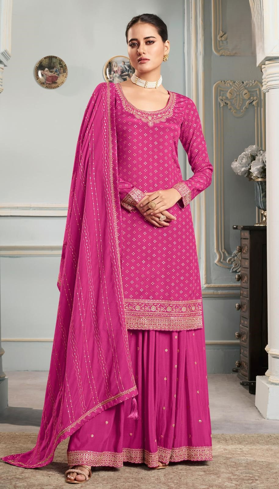 Embroidered Chinon Top With Plazzo main image 1