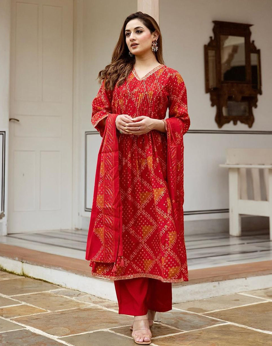 Vibrant Red Bandhani Print Gotta Patti Cotton Suit Set Red / Xs / 7 Days Vibrant Red Bandhani Print Gotta Patti Cotton Suit Set Red / Xs / 7 Days