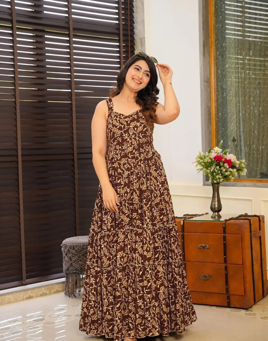 Warm Tones Brown Digital Print Rayon Gown with Ethnic Flair Brown / XL / 5 Days Warm Tones Brown Digital Print Rayon Gown with Ethnic Flair Brown / XL / 5 Days