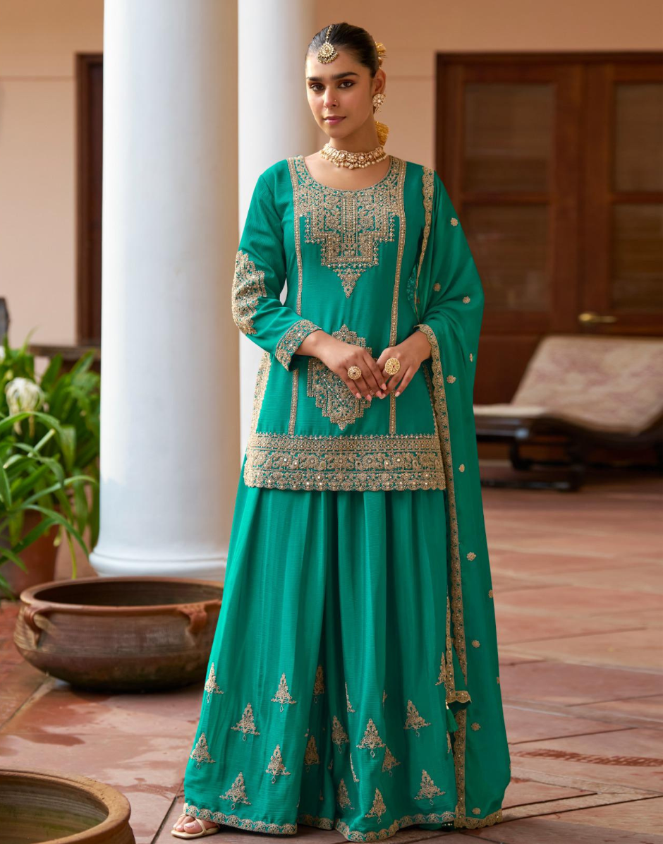 Womens Green Chinon Sharara Suit Set Hand Embroidered Ethnic Party Wear Dress - Buy Green / M Womens Green Chinon Sharara Suit Set Hand Embroidered Ethnic Party Wear Dress - Buy Green / M